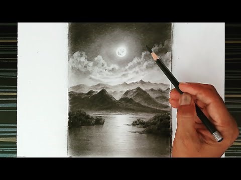 Night mode moonlight landscape scenery drawing by pencil with easy steps.