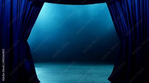 Open blue theater curtain with lighting on stage, atmosphere of anticipation before the start of the performance