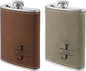 Personalized Hip Flasks Custom for Men: Engraved with Name & Letters Leather 8oz Hip Flasks - Gifts for Wedding Bachelor Party Christmas Birthday - for Him Father Husband Boyfriend