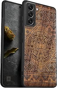 Carveit Wood Case for Galaxy S22 Plus Case [Natural Wood & Black Soft TPU] Shockproof Protective Cover Unique & Classy Wooden Design Compatible with S22 Plus (Aztec Calendar-Walnut)
