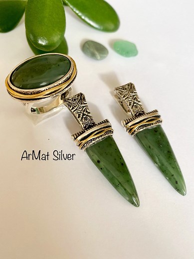 Sterling Silver Nephrite Jewelry Set Natural Jade Ring and Earrings - Etsy