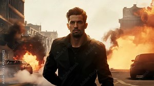 Action shot with brave man walking leaving fire and explosions behind his back. Dynamic scene in action movie blockbuster style