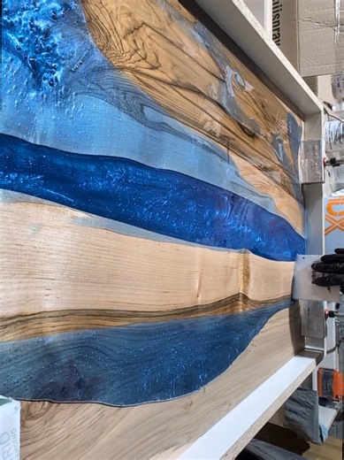 Epoxy pour for a tack trunk! That blue is going to be stunning 🤩 #epoxy #custom #liveedge #wood #fyp