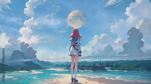 In the anime "Fullmoon," a captivating woman graces the screen. Her eyes shine like the full moon, reflecting wisdom and grace. Seamless looping time-lapse animation video background  Generated AI