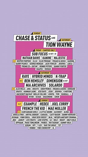 Let’s goooo! Your Sundown 2023 Day Splits are HERE and looking🔥 Lock into 3 days of camping, music and summer vibes with the best in Drum n Bass, Pop, Rap, Drill, House, Garage, Bass and more 🫡 Chase & Status (live), Tion Wayne, Raye, Hedex, K-Trap, Sub Focus, French The Kid, Nia Archives and dozens more. Check out when your favourite artists are playing and start planning for your festival experience with your crew❤️‍🔥 You’ve still got time to bag your ticket on a 3 instalment payment plan f