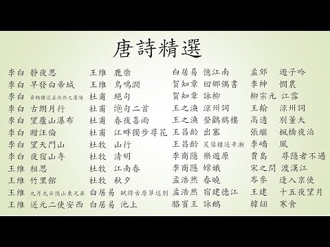 唐詩三百首精選 : 一小時廣東話朗讀版 Tang poetry playlist (李白 王維 杜甫 杜牧白 居易 賀知章 王之渙 王昌齡 李商隱 孟浩然 駱賓王 孟郊 李紳 柳宗元 王翰...)