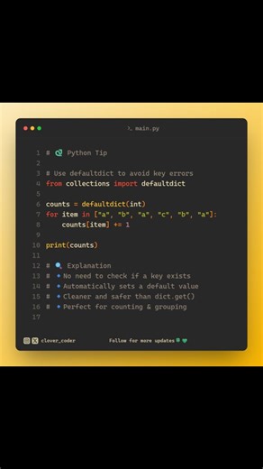Clover Coder 🍀 on Instagram: "Python Tip 🐍 Stop writing extra if key in dict checks! defaultdict keeps your code clean and error-free ✨ Follow @clover_coder for daily Python & programming tips 🍀 #python #pythondeveloper #coding #tips #clovercoder"