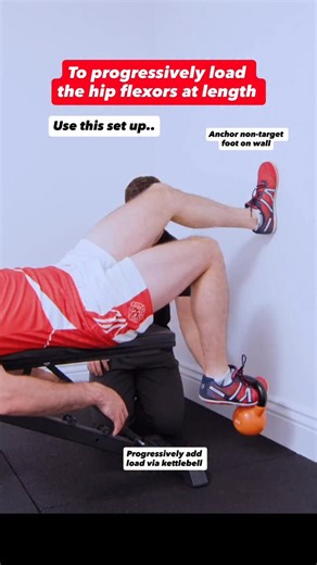 To progressively load your hip flexors *dynamically* at length, this set up is key Anchor the non-target foot on the wall, and progressively add more weight via the kettlebell with partial ROM contractions to really challenge the hip flexors at length We can add more length in this specific case above by raising the level of the surface we are laying on to let the hip extend even more Want to learn more targeted ways of loading the musculoskeletal system, with focus on assessment & rehab process