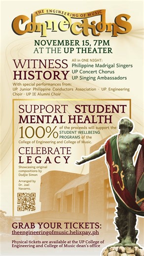 Three of the country’s most respected conductors — 𝗠𝗮𝗿𝗸 𝗔𝗻𝘁𝗵𝗼𝗻𝘆 𝗖𝗮𝗿𝗽𝗶𝗼 of the Philippine Madrigal Singers, 𝗝𝗮𝗶 𝗦𝗮𝗯𝗮𝘀-𝗔𝗿𝗮𝗰𝗮𝗺𝗮 of the UP Concert Chorus, and 𝗘𝗱 𝗠𝗮𝗻𝗴𝘂𝗶𝗮𝘁 of the UP Singing Ambassadors — come together to champion a cause that resonates beyond the stage: student mental health and wellbeing. 💗✨ FEATURING 🎼 Philippine Madrigal Singers · UP Concert Chorus · UP Singing Ambassadors 📅 November 15, 2025 | 🕖 7:00 PM 📍 UP Theater, UP Diliman 🎫 Ge
