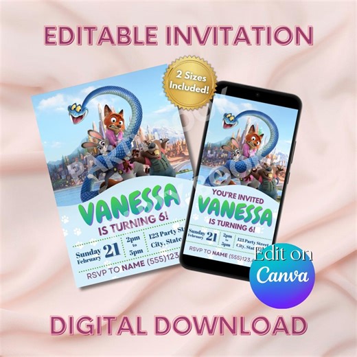Zootopia 2 Birthday Invitation Editable Template | Canva Digital Invite | Animal Party | Printable | Online or Print | Zootopia 2 Movie - Etsy