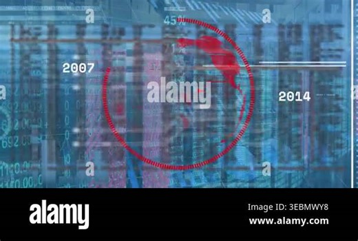 Animation of data processing over spinning globe icon against computer server room. Global networking and business data storage technology concept Stock Video Footage - Alamy