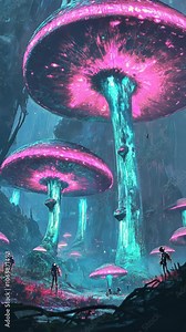 Exploring a vibrant alien forest filled with glowing mushrooms and mysterious figures