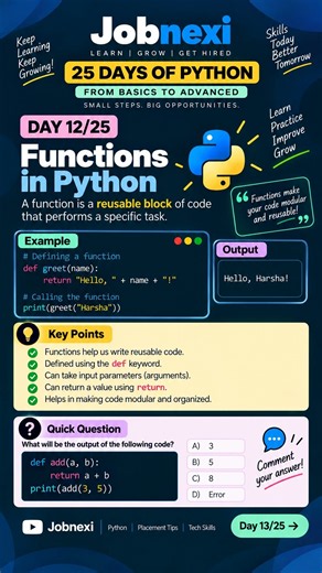 🐍 Day 12/25 – Functions in Python | Learn Python 🚀 | Jobnexi