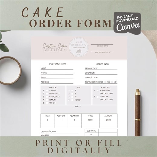 Cake Order Form Template | Custom Bakery Order Form (fill Digitally or Print) - Etsy Canada