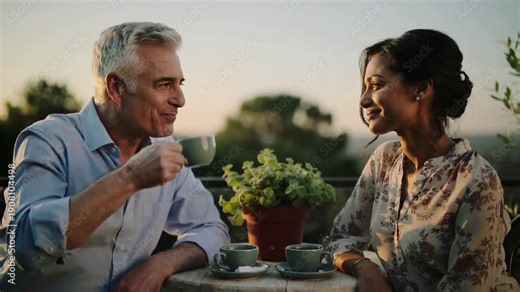 Lifting cup, blue-shirt man sipping while woman in blouse leaning, sharing on terrace with plant