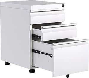 White 3 Drawer Mobile Pedestal Cabinet, Rolling Under Desk Drawer Cabinet Storage File with Lock, Metal Locking File Cabinet for Legal/Letter/A4 File, Fully Assembled Except Wheels