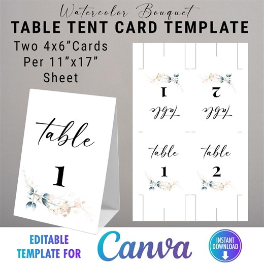 Editable Table Tent Template: Canva Printable for Events (4x6" Table Tents per 11x17" Sheet) Watercolor Bouquet Inspired Design - Etsy