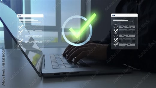 Business person in computer doing online data documentation checklist survey. Fast checklist,clipboard task business management.Productivity checklist and filling survey form online.