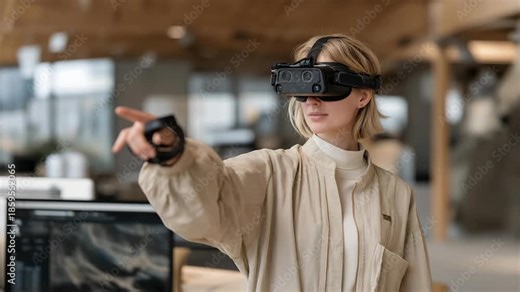 A virtual reality game tester wearing a headset and motion trackers, navigating a digital world as developers watch feedback metrics — VR performance testing, immersive UX evaluation, and gaming