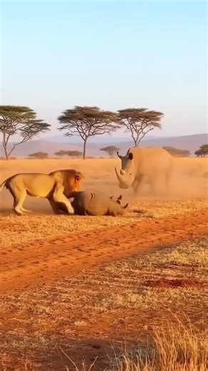 What happened to the male lion that attacked a rhinoceros calf?