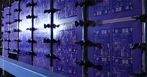 Automatic testing of electronic circuit boards with special liquid, in a modern laboratory. Manufacturing of microcircuits and microprocessors. Production of microelectronic equipment.