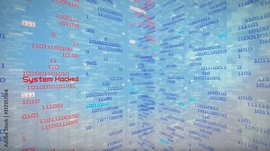 Binary data code animation showing warning messages in a virtual environment. 360. Security breach concept, warning texts in a virtual environment. System hacked. Virus and malware detected.