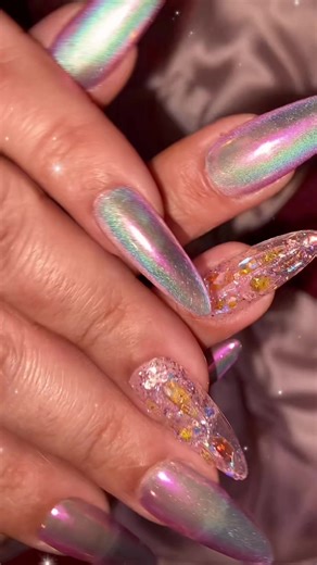 ☺️ So in love w/ these Pink & Blue chrome almond Nails I’ve been wearing for the past week.. & still in great condition. I got these market nails a while back from @rubyartnails9 💕❄️ They make me think of icy blue pink lol these are so gorgeous ! #pressonnails #fyp#nails#nailtok #trending