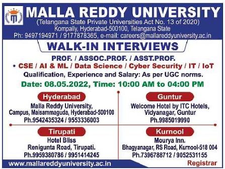 Malla Reddy University, Hyderabad Wanted Professor/Associate Professor/Assistant Professor | FacultyPlus