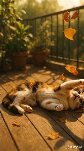 Calico Cat Rolling on Balcony – Ultra-Realistic Cinematic Scene with Falling Leaves #ai #cat