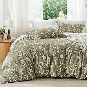 Bedsure Queen Comforter Set - Olive Green Bed Set, 3 Pieces Cute Floral Bedding, 1 Soft Reversible Botanical Flowers Comforter and 2 Pillow Shams