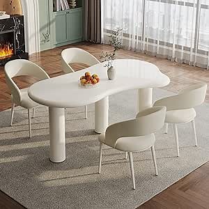62.2" Cloud Dining Table Set for 4, Irregular Dining Room Table with 4 Upholstered Chairs, 4 Seat Dinner Table Set for Kitchen, Living Room, Bar, Cloud Shape Modern Kitchen Table, White