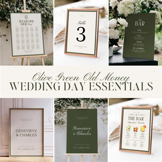 Olive Green Wedding Signage Set, Seating Chart, Table Numbers (Canva Templates) - Etsy.de