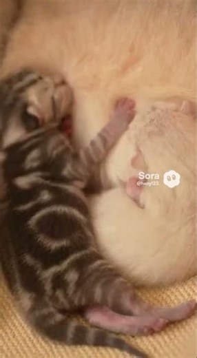 Newborn Kittens Nursing with Their Mom