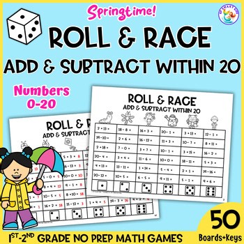Roll and Race Add and Subtract Within 20 Spring Dice Game Printables Grades 1-2