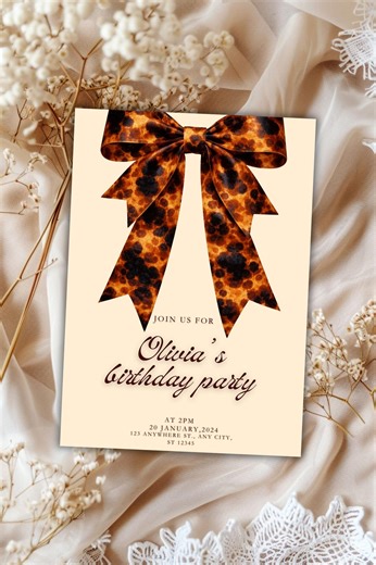 Tortoise Print Birthday Invite Tortoise Shell Print Instantly Editable Birthday Card Bow Birthday Invit Elegent Birthday Invit Adult - Etsy