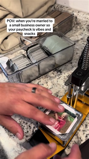 When your husband marries a small business owner and accidentally joins payroll without benefits 😌 Custom 2 x 2 photo magnets made in house #smallbusinesshumor #unpaidintern #familybusiness #behindthescenes #photomagnets