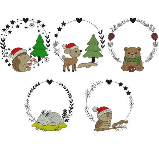 Animal Wreath Embroidery Designs – Zebra, Bear, Lion, Giraffe & Hippo – Digital Machine Embroidery Files in DST, VP3, PES – 4", 5", 7" Sizes