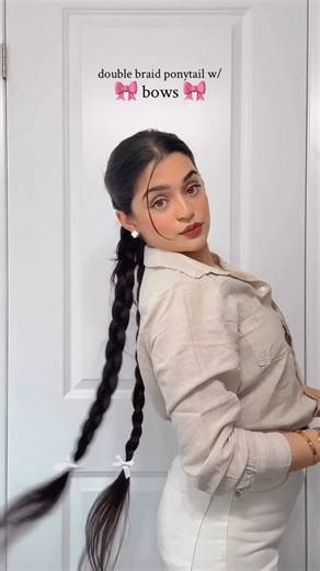 Minnie曆 on Instagram: "double braid ponytail w/  bows  #hair #longhair #tutorial #howto #hairtutorial #hairstyle #hairstyles #bubblebraid #double #bubble #ponytail #easyhairstyles #slick #slickback #bow #bows #hairinspo #braids #braid #hairinspiration #women #girls #foryou #foryoupage #fypシ #beauty #punjabi #desi #india #canada"