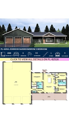 122K views · 578 reactions | This isn’t just a scroll-stopper—it’s your next build. Get the plan and make it happen  Comment on this post "JOHNSON" to receive the plans in your inbox! ✨ See plan here -> https://www.barndominiumlife.com/barndominium-plans/pl-62516/ #PL62516 #BarndoGoals #DreamBarndo #BarndoPlans #ModernCountry #RusticDreams | Barndominium Life | Facebook