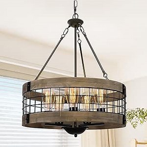 LamQee 19 Inch Farmhouse Dining Room Light Fixture, 5 Lights Modern Farmhouse Chandelier with Wood and Black Metal Shade, Rustic Chandeliers Hanging Pendant Lighting for Kitchen Island Entryway Foyer