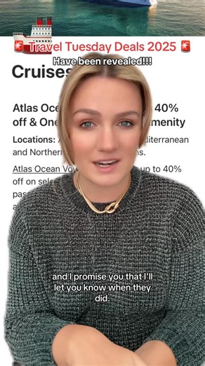 Madison Rolley on Instagram: "Comment “Travel Tuesday” and I’ll send you the link to the hub! Travel Tuesday 2025 deals are already live and the cruise offers this year are some of the strongest I have seen for both 2025 and 2026 travel. If you are looking for a bucket list trip, a family vacation or a last minute getaway, these Black Friday travel deals are the smartest way to save. Here are the exact cruise deals featured in this video so you can compare everything in one place: • @atlasoceanv