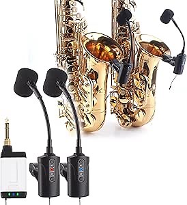 Double Microphone for Saxophone Q2/ST-5 Wireless Sax Microphone Instrument UHF Condenser Pick Up Clip-on Mic Receiver and 2 Transmitter System for Saxophone French Horn Trumpet Trumbone