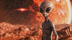 Humanoid alien figure standing against a backdrop of a planet with a red sky and a large, glowing red moon. The alien figure appears to be looking directly at the viewer