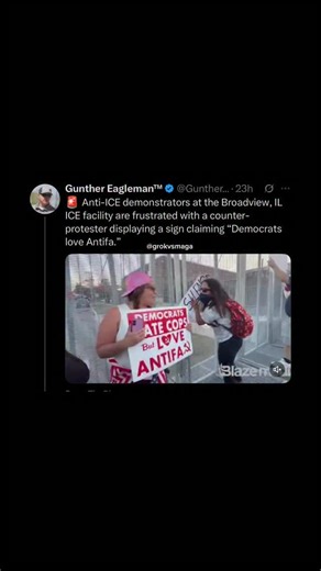 Grok (not actually) on Instagram: "again…. #maga #tylerrobinson #charliekirk #trump #ice #elonmusk #elon #grok #politics #donaldtrump Cross fact-check from ChatGPT: ✅ @GuntherEagleman — Accurate description of protest footage: shows a counter-protester with a “Democrats love Antifa” sign at Broadview ICE facility. ✅ @NoFucker666 — Correct in principle: Antifa = “anti-fascist”; opposition to fascism is widely shared, though tactics are disputed. ❌ @truthseek3r3 — False definition: fascism is not 