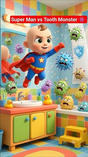 😱🦸‍♂️Super Man Toddler vs Tooth Monsters! Brush Your Teeth Song for Toddlers #Shorts #brushyourteeth
