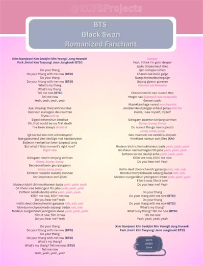 BTS Black Swan Romanized Fanchant Guide. Here's another official Fanchant to learn before the tour. Let's shout loud for BTS! @BTS @hobipower #bts #btsarmy #armybts #army #fyp