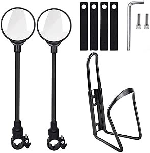 Bike Mirror, 2 pack 360°Adjustable Bike Mirrors Handlebar Rearview Mirror with Bike Water Bottle Holder, wide Angle acrylic convex safety mountain bike mirror