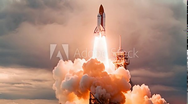 Space Exploration Rocket Launch. Close-up shot of Rocket Engine Ignition. Powerful and Hot Flames Burst out of the Nozzle after Initial Impulse. Vertival Takeoff of a Rocket