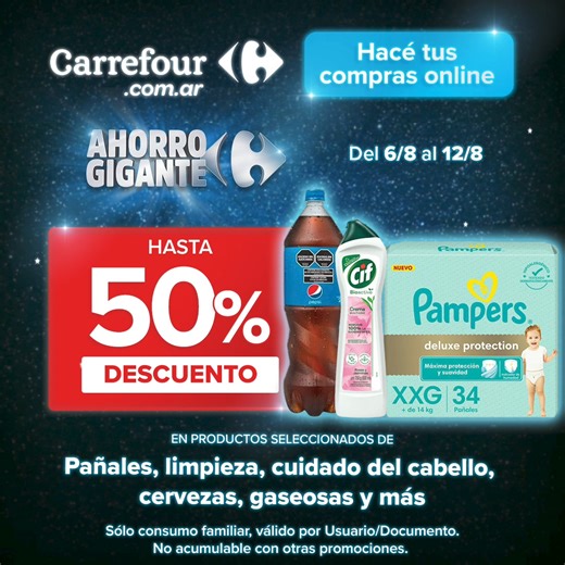 🥳 ¡Comprá online y aprovechá este Ahorro GIGANTE! Semana de descuentos en Carrefour Online. 🙌 Llená tu carrito con Hasta 50% de descuento Hasta 70% de descuento en la segunda unidad en productos seleccionados de bebidas, snacks, limpieza, cuidado del cabello, ¡y más! 👉Encontrá esta y más promos en Carrefour Online hasta el 12 de agosto: https://bit.ly/4caHM76 | Carrefour