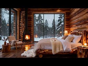 Cozy Scandinavian Log Bedroom with Fireplace & Snowy Night Ambience | 4K Relaxing Winter Cabin ❄️🔥
